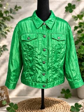Ruby Rd Emerald Green Textured Satin Jacket Womens 14 Cropped Shiny Button